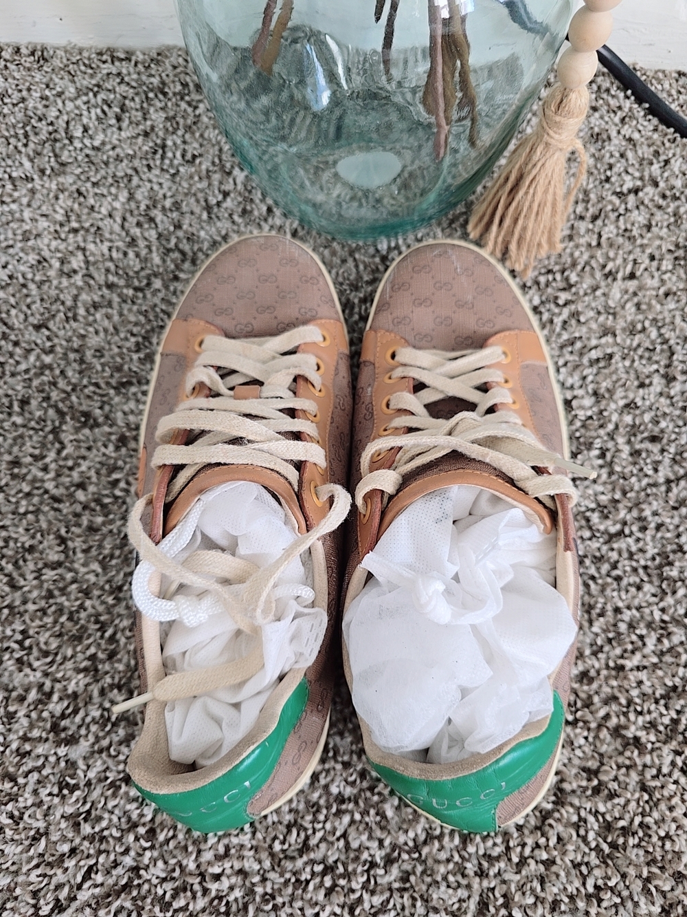 Gucci Brown Monogram Low-Top Sneakers with Green Heel